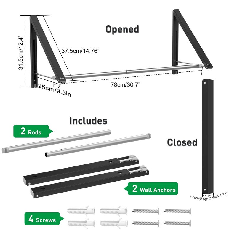 Anjuer Retractable Clothes Rack - Wall Mounted Folding Clothes Hanger Drying Rack for Laundry Room Closet Storage Organization, Aluminum, 2 Racks with Rod (Black) - Image 5